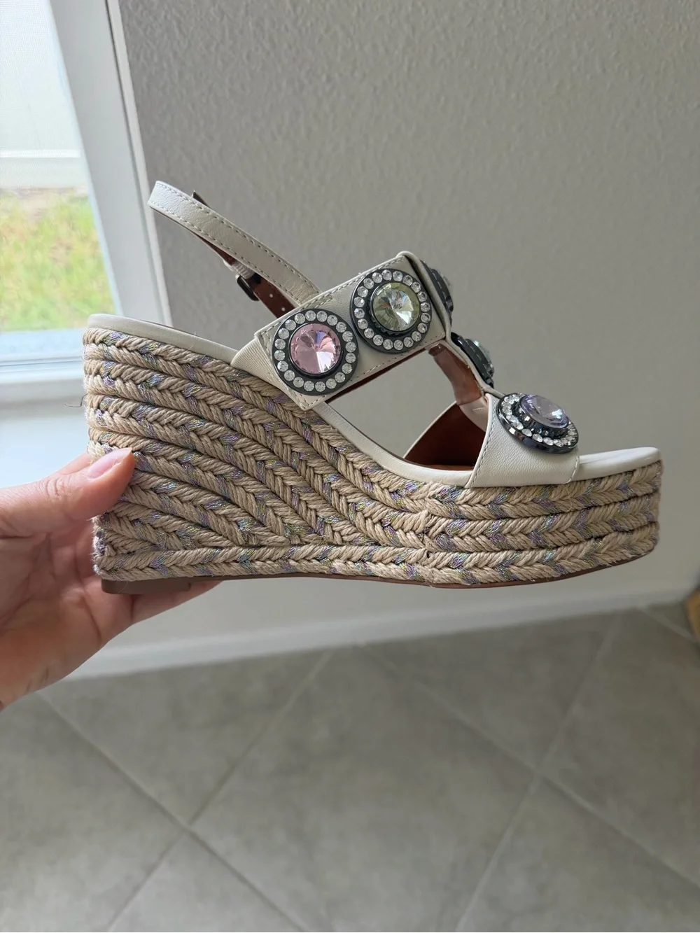 Kurt Geiger Ivory Jeweled Espadrille Wedge Sandals